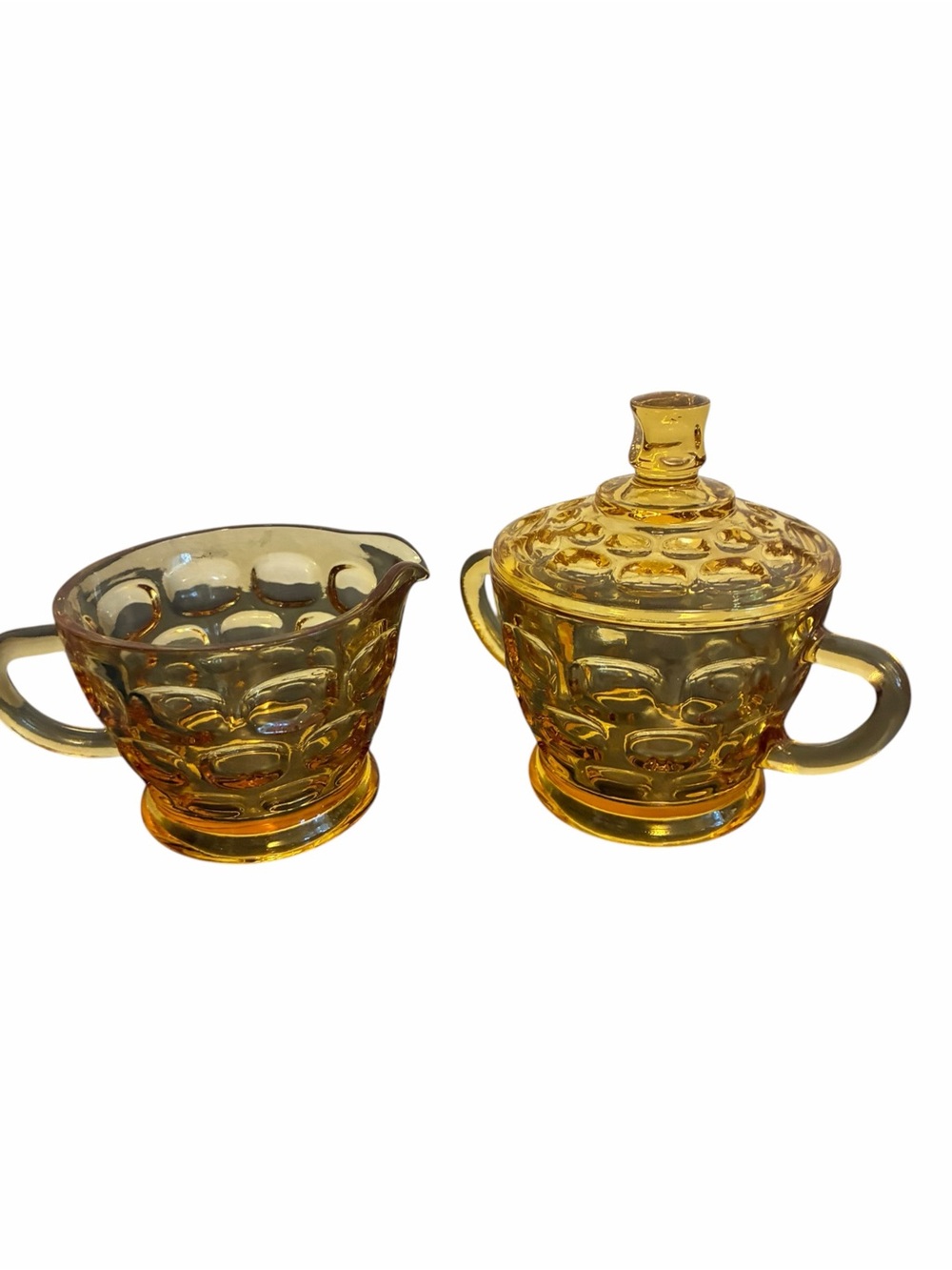 Vintage Amber Glass Thumbprint Creamer and Lidded Sugar Bowl Set Retro Honey